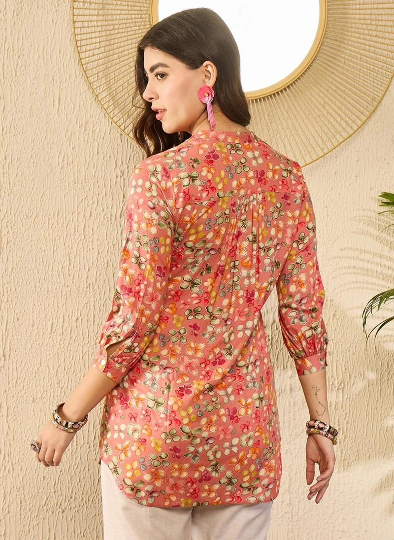 ZERESOUQ Pink Viscose Rayon Floral Printed Tunic Top