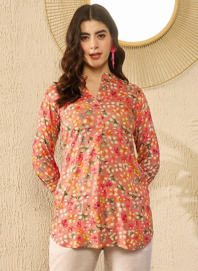 ZERESOUQ Pink Viscose Rayon Floral Printed Tunic Top