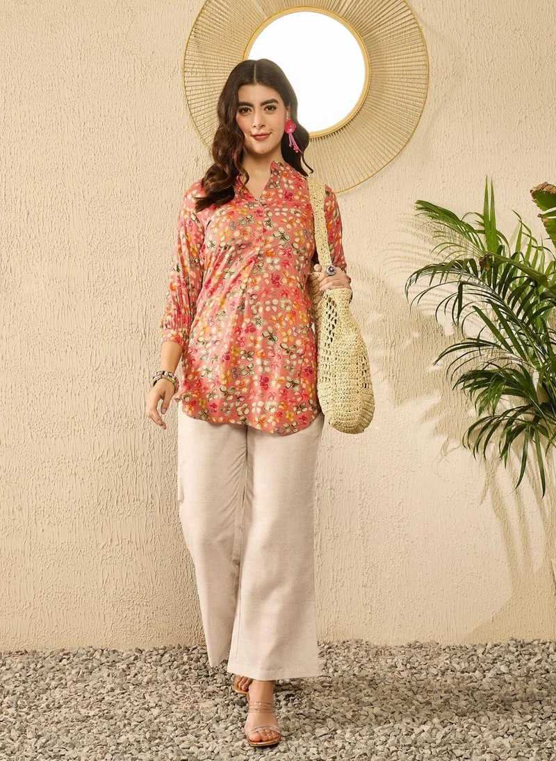 ZERESOUQ Pink Viscose Rayon Floral Printed Tunic Top