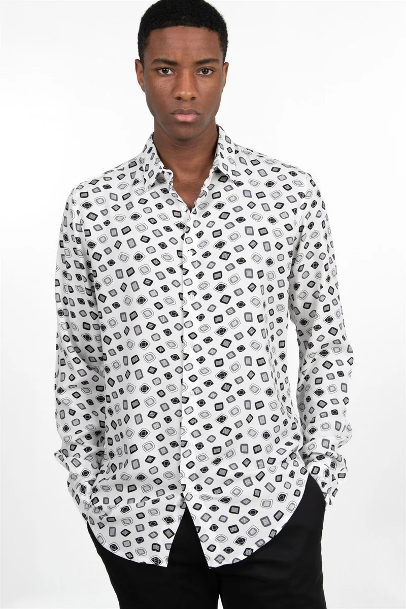 Tudors Slim Fit Slim Fit Long Sleeve Printed Pattern Viscose Tencel Sports Men's Shirt - 10