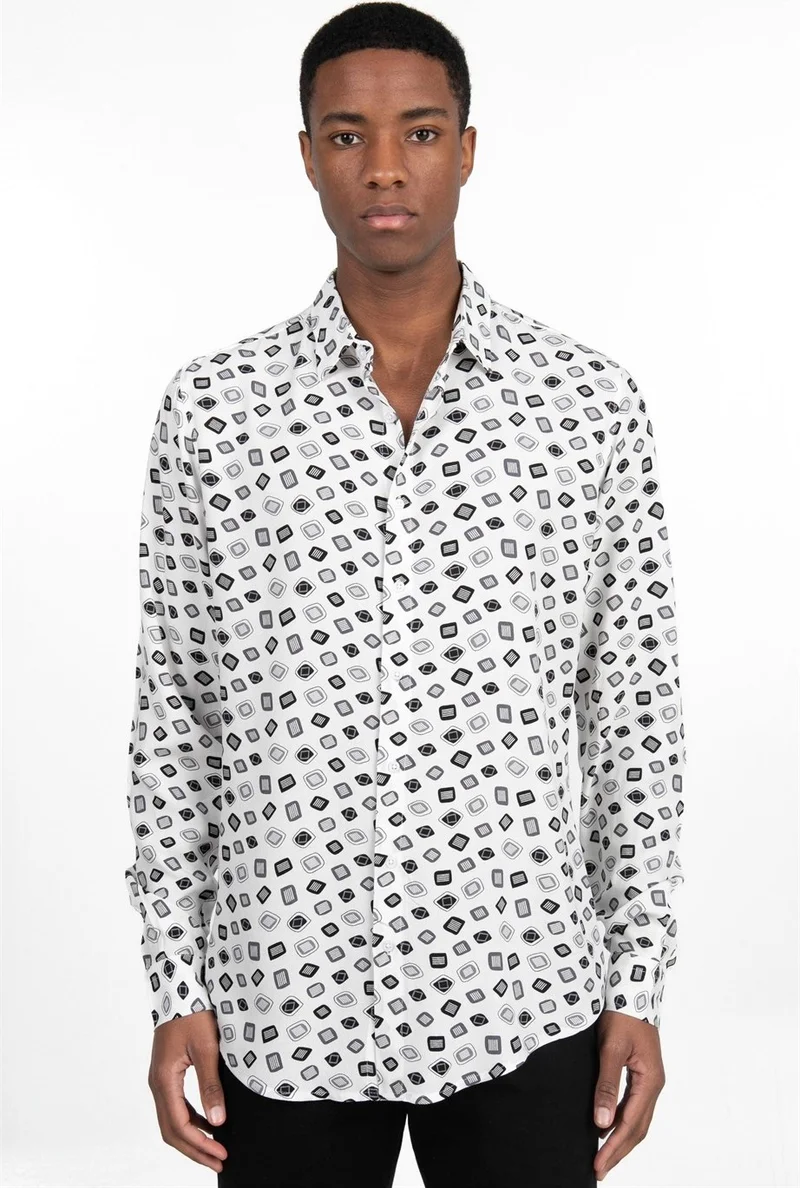 Tudors Slim Fit Slim Fit Long Sleeve Printed Pattern Viscose Tencel Sports Men's Shirt - 10