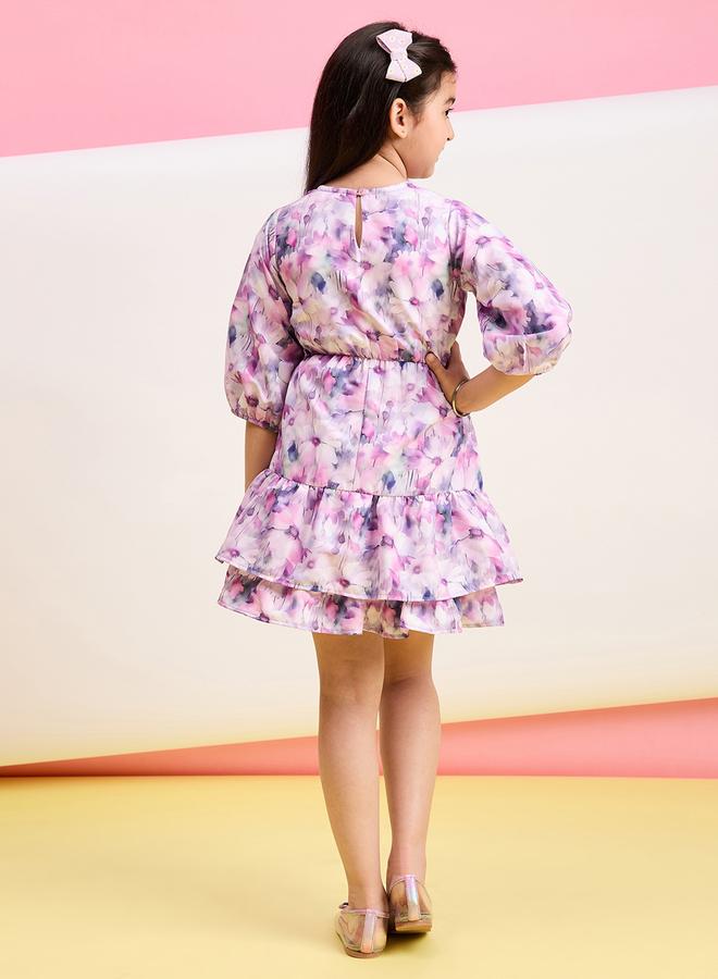 Stylo Bug Girls Purple Flower Printed Ruffled Hem Dress - Image 3
