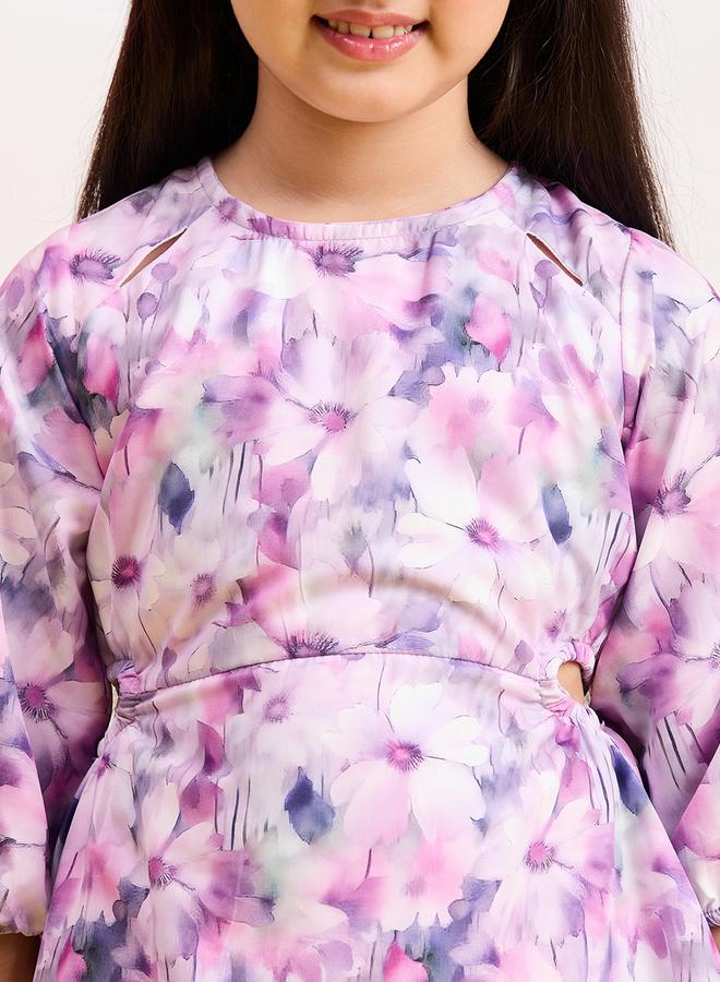 Stylo Bug Girls Purple Flower Printed Ruffled Hem Dress - Image 4