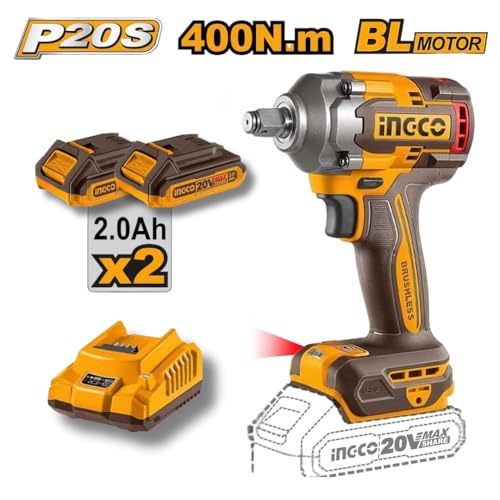 Ingco 1/2" Cordless Impact Wrench Kit, 400 N.m, 2 x 2.0 Ah Batteries, 10-Piece Socket Set, LED Work Light, 10-Piece Screwdriver bit - Image 3