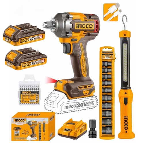 Ingco 1/2" Cordless Impact Wrench Kit, 400 N.m, 2 x 2.0 Ah Batteries, 10-Piece Socket Set, LED Work Light, 10-Piece Screwdriver bit - Image 1