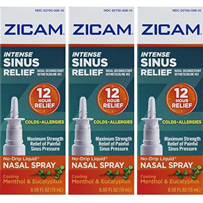 Zicam Intense Sinus Relief Nasal Spray, 12 Hour Relief of Painful Sinus Pressure, No-Drip Liquid with Cooling Menthol & Eucalyptus - 0.50 fl oz (Pack of 3) - Image 1