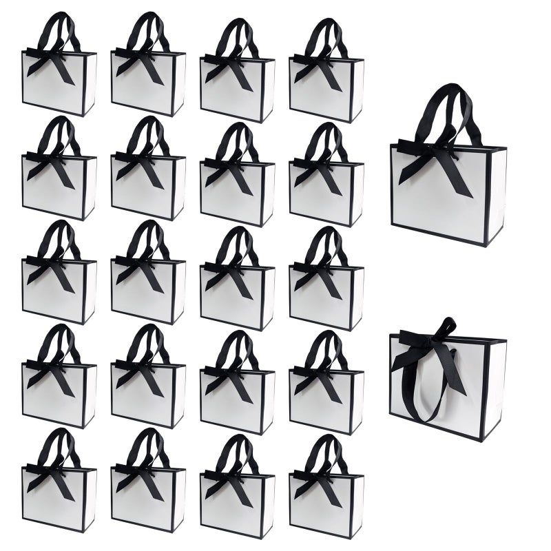 TKSBAG 100 Pack White and Black Gift Bags with Bow Handles, 6.4Ã—3.1Ã—5.1 In Small Thank You Bags Bulk for Birthday, Weddings, Party Favors, Valentine - Image 1