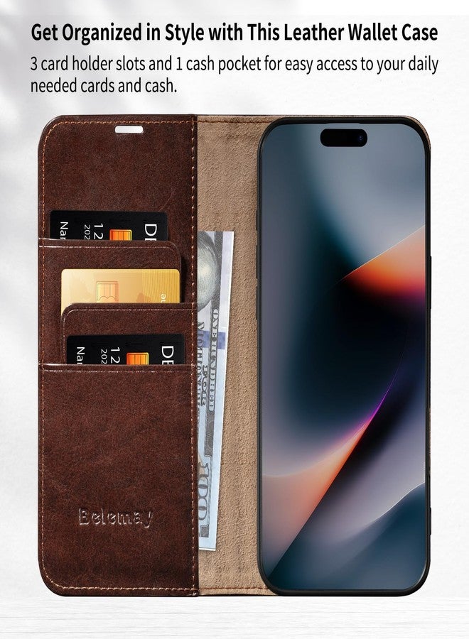 Belemay Leather Wallet Case Compatible with iPhone 17 Pro Max, Premium Cowhide Leather Two-Tone Effect, RFID Blocking Card Holders, Shockproof TPU Shell, Kickstand, Protective Flip Cover, 6.9", Brown - Image 3