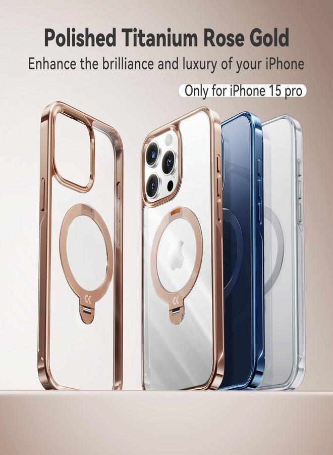 CASEKOO Desert Titanium 360° Polished for iPhone 15 Pro Case with Spin Magnetic Stand [Compatible with Magsafe][16FT Military Protection] Clear Back Titanium Alloy Sturdy Stand 6.1'', Rose Gold - Image 2