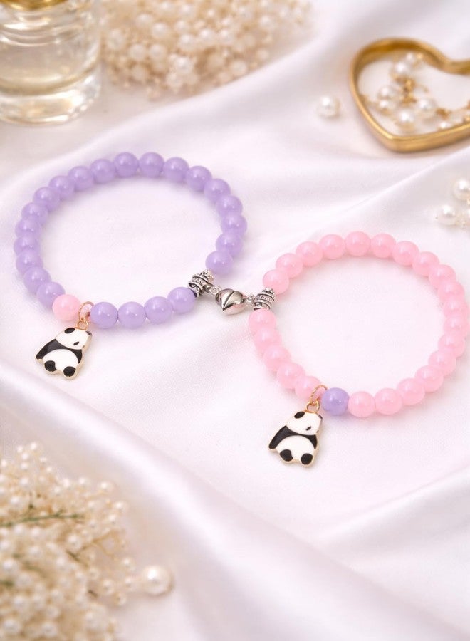 SUKHAD Pastel Beaded Panda Charm Bracelet for Girls | Cute Stretch Elastic Bracelet Set | Pink & Lavender Friendship Jewelry Combo - Image 3