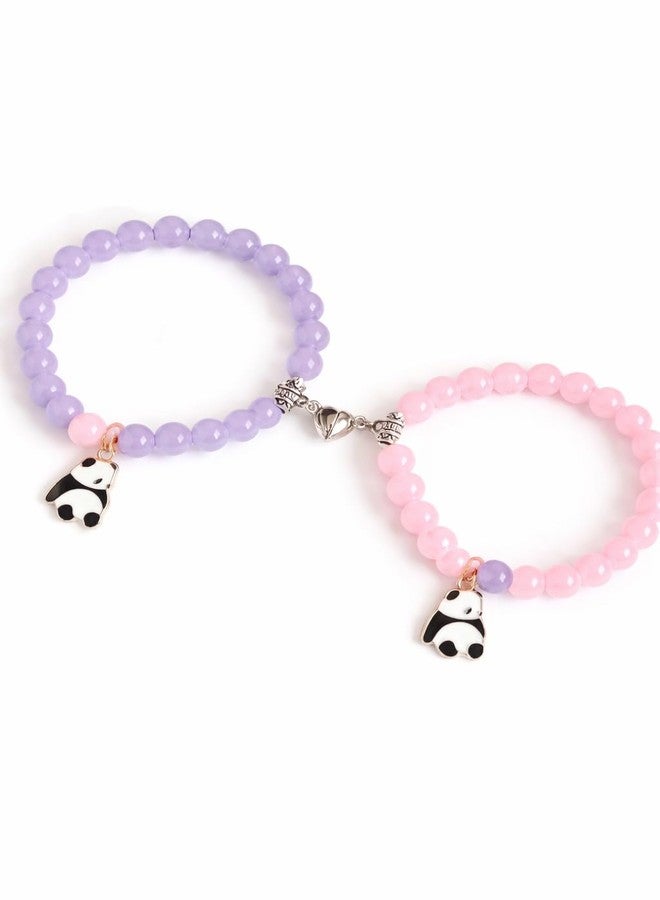 SUKHAD Pastel Beaded Panda Charm Bracelet for Girls | Cute Stretch Elastic Bracelet Set | Pink & Lavender Friendship Jewelry Combo - Image 2