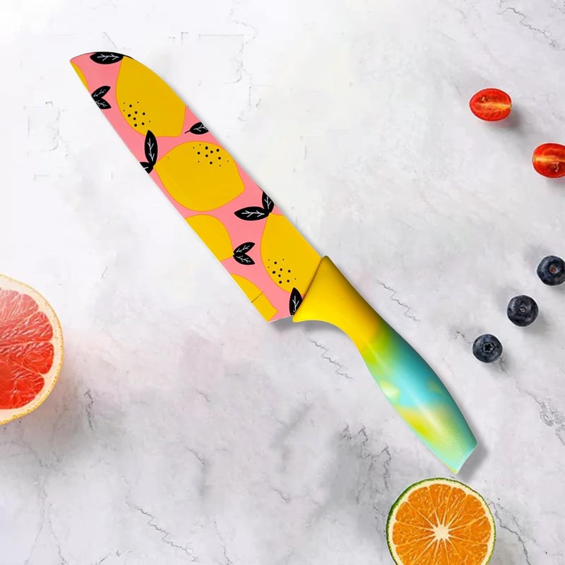 aDai Printed Knife Set Stainless Steel Knife for Kitchen Use Chefs Knife Set Santoku Knife NonSlip Handle with Blade Cover Pack of 1 Lemon Yellow - Image 3