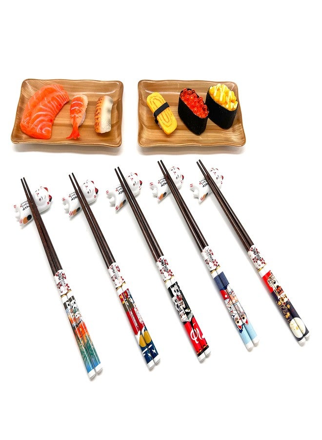 LANHUTHS Wooden Chopsticks Reusable 5 Pairs Gift Set with 5pcs porcelain rest Lucky Cat Design Hand-Made 8.8 Inch/22.5cm - Image 3