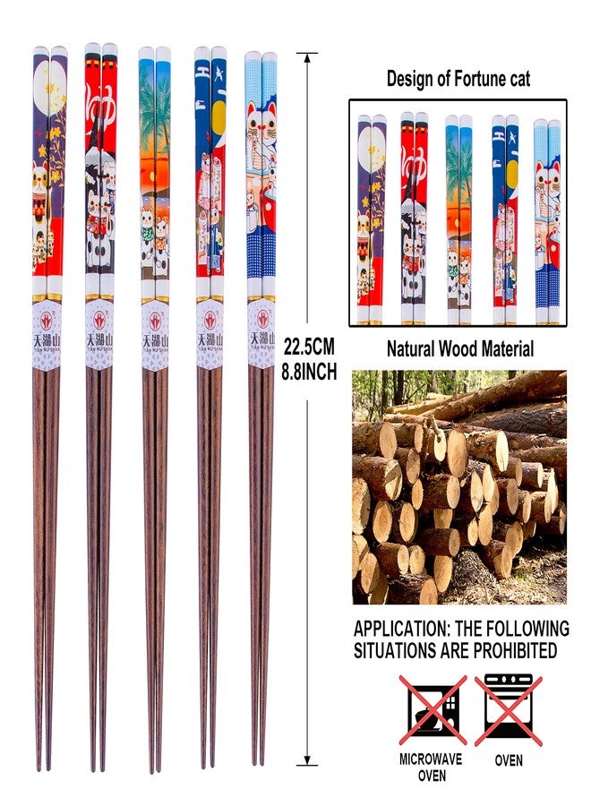 LANHUTHS Wooden Chopsticks Reusable 5 Pairs Gift Set with 5pcs porcelain rest Lucky Cat Design Hand-Made 8.8 Inch/22.5cm - Image 4