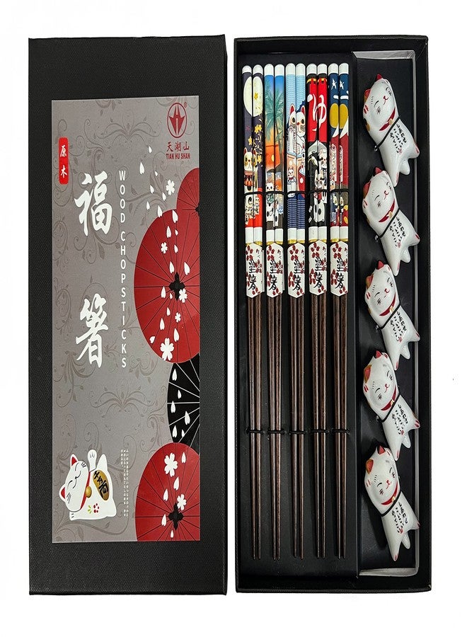 LANHUTHS Wooden Chopsticks Reusable 5 Pairs Gift Set with 5pcs porcelain rest Lucky Cat Design Hand-Made 8.8 Inch/22.5cm - Image 2