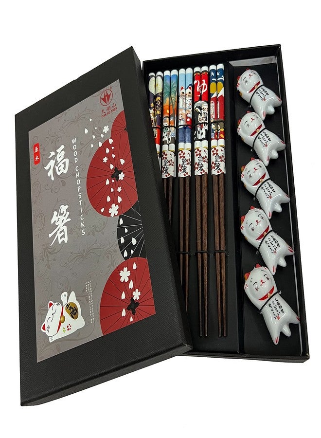 LANHUTHS Wooden Chopsticks Reusable 5 Pairs Gift Set with 5pcs porcelain rest Lucky Cat Design Hand-Made 8.8 Inch/22.5cm - Image 1