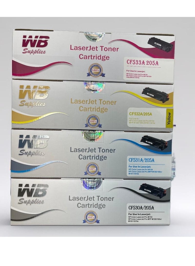 WB HP 205A 205X / Compatible toner (SET) CF530A CF531A CF532A CF533A Color LaserJet Pro MFP M181FW HP M181FW MFP M180N M180 Pro MFP M181FW M180N M154a M154nw ( Black, Cyan,Yellow, magenta ) + Free A4 Paper 500 Sheet Roco . - Image 1