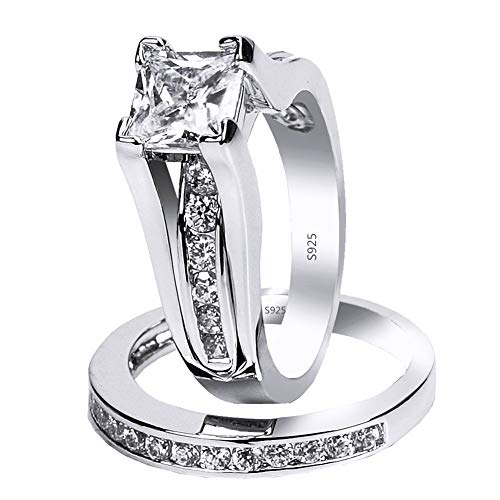MABELLA 925 Sterling Silver Cubic Zirconia Princess Cut Women's Wedding Engagement Bridal Ring Set Size 8 - Image 1