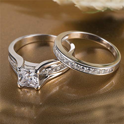 MABELLA 925 Sterling Silver Cubic Zirconia Princess Cut Women's Wedding Engagement Bridal Ring Set Size 8 - Image 3