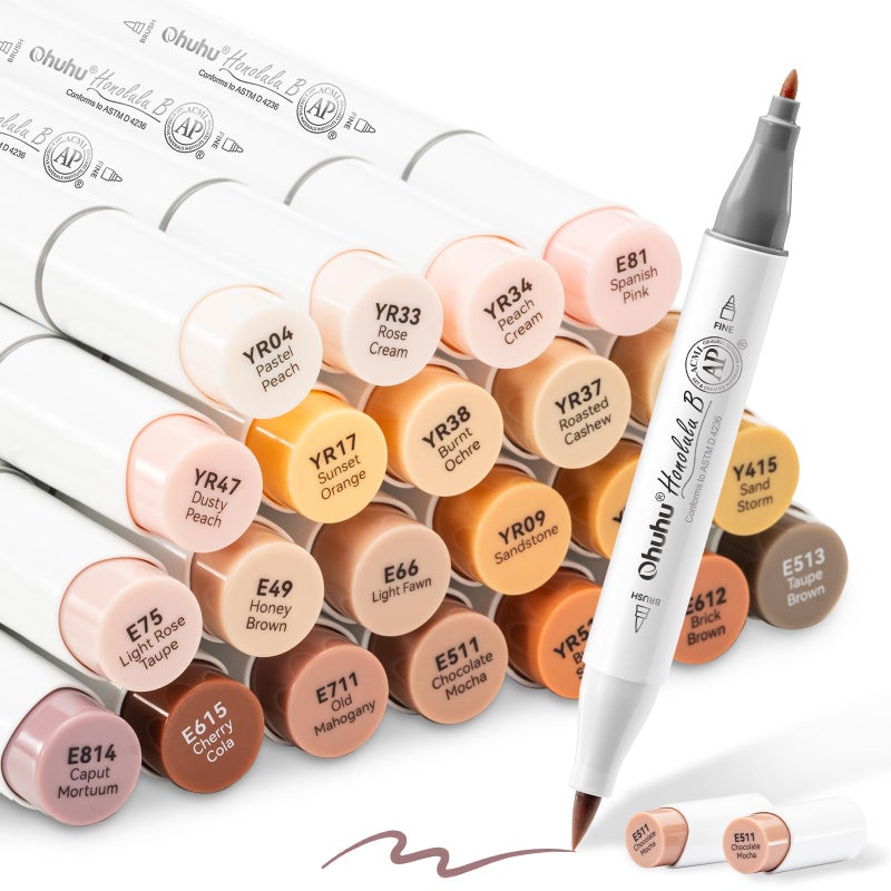 Ohuhu 24 Skin-Tone Colors Alcohol Markers, Sketch Art Marker, Alcohol-based Brush Markers for Kids and Adults' Coloring, Illustration, Comes w/ 1 Colorless Alcohol Marker Blender (Fine & Brush) - Image 1