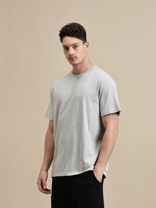 ECOLORE Men Grey Crew Neck 100% Cotton Comfort Fit T-Shirt