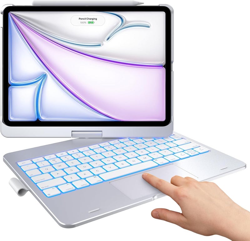 typecase حافظة لوحة مفاتيح فليكس بوك لجهاز آيباد إير 11 (M3/M2)، آير 5/4 و برو 11 (الجيل 4/3/2/1) مع لوحة تتبع، إضاءة خلفية بـ 10 ألوان، قابلة للدوران 360 درجة، حامل قلم (فضي'25) (لا تناسب A16/10th/ 11-M4) - Image 1