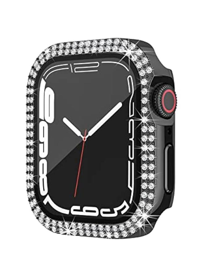 حافظة متوافقة مع Apple Watch مزودة بحماية شاشة زجاجية مقسّى 45 ملم لسلسلة 9 8 7، حافظة لامعة مع حبات ألماس كريستالية، غلاف واقي للجهاز للنساء والفتيات، باللون الأسود - Image 2