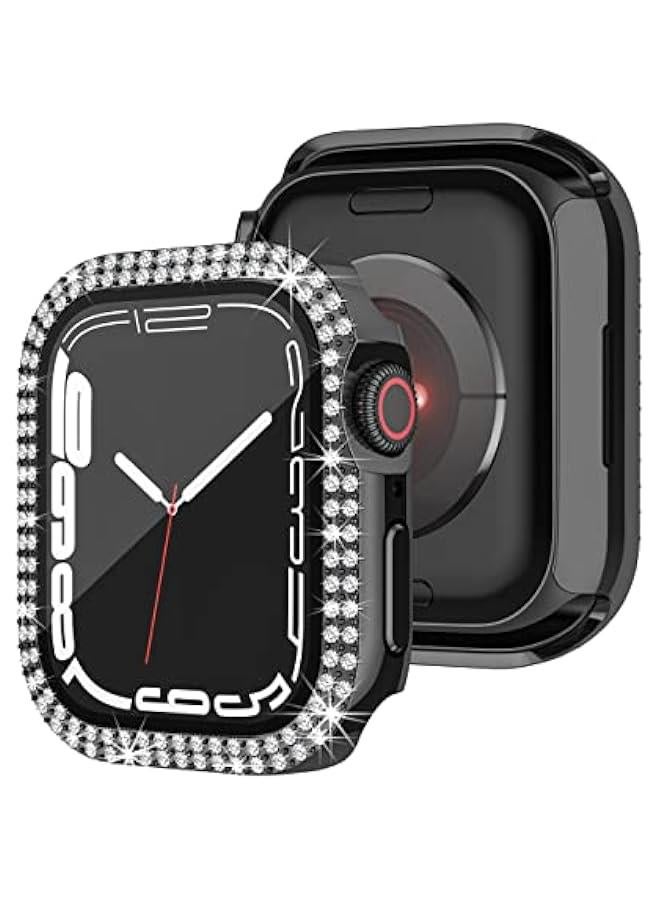 حافظة متوافقة مع Apple Watch مزودة بحماية شاشة زجاجية مقسّى 45 ملم لسلسلة 9 8 7، حافظة لامعة مع حبات ألماس كريستالية، غلاف واقي للجهاز للنساء والفتيات، باللون الأسود - Image 5