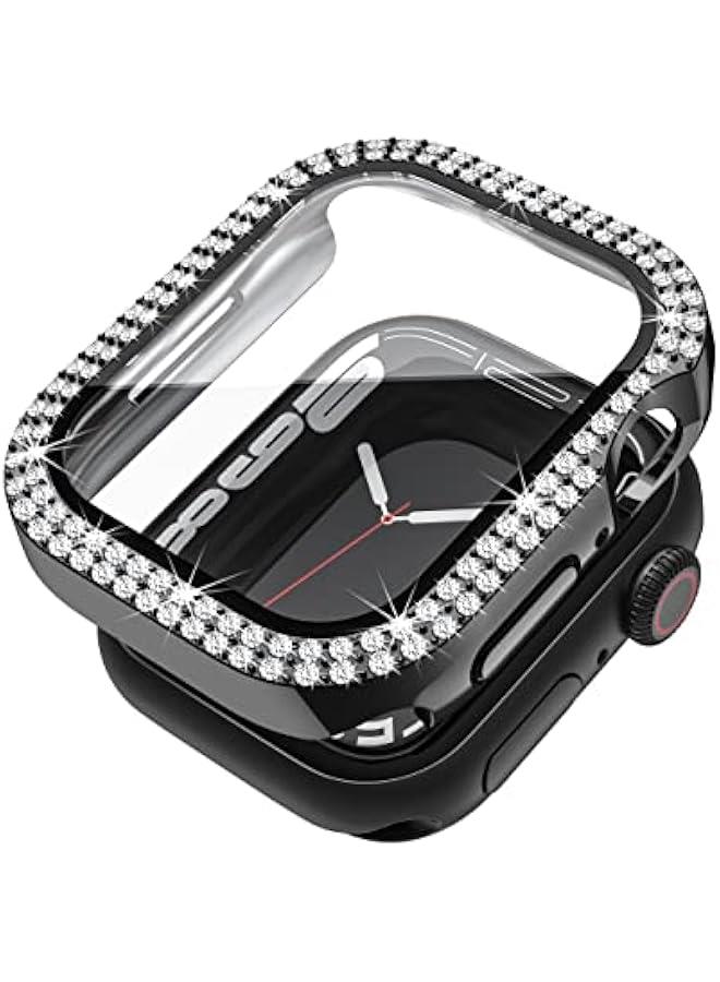 حافظة متوافقة مع Apple Watch مزودة بحماية شاشة زجاجية مقسّى 45 ملم لسلسلة 9 8 7، حافظة لامعة مع حبات ألماس كريستالية، غلاف واقي للجهاز للنساء والفتيات، باللون الأسود - Image 1