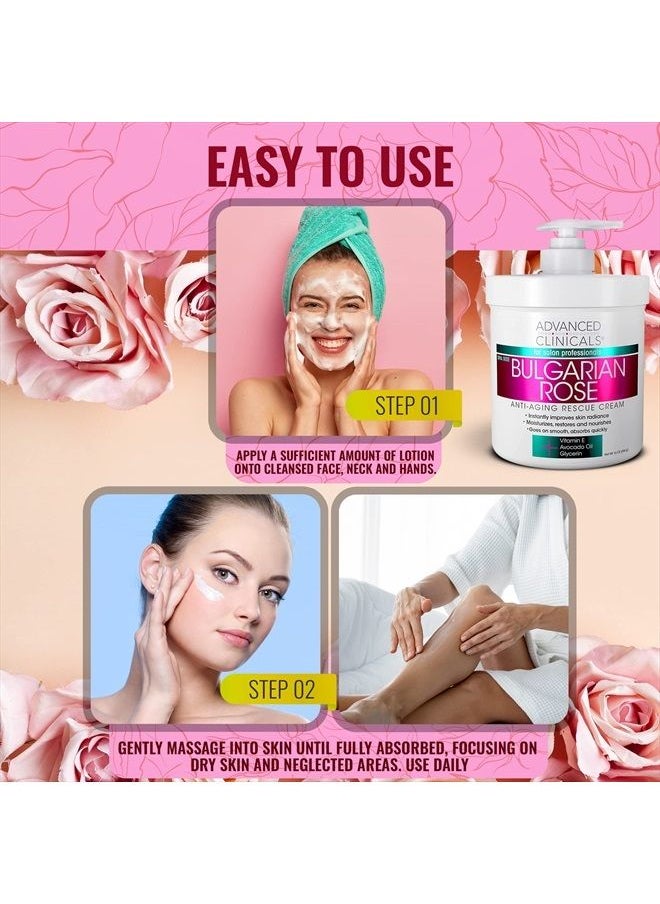 Advanced Clinicals Bulgarian Rose Anti Aging Rescue Cream Face & Body Moisturizing Skin Care Lotion, Skincare Moisturizer For Dry Skin, Age Spots, & Improving Skin Radiance, Large 16 Oz (Pack of 2)  - Image 5