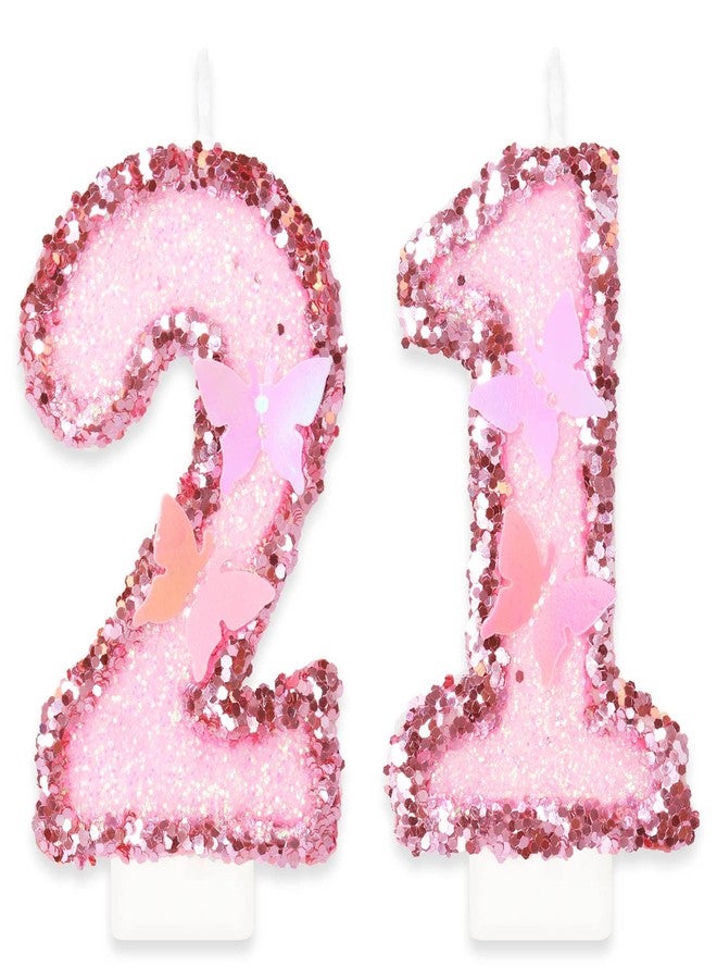 YIRAN Birthday Candles, Number 21 Candle, Butterfly 21th Birthday Decorations for Women/Girl, Pink Happy Birthday Candle for Cake, Handmade Sequin Numeral Candle Wedding Cake Topper Anniversary Party Decor - Image 1