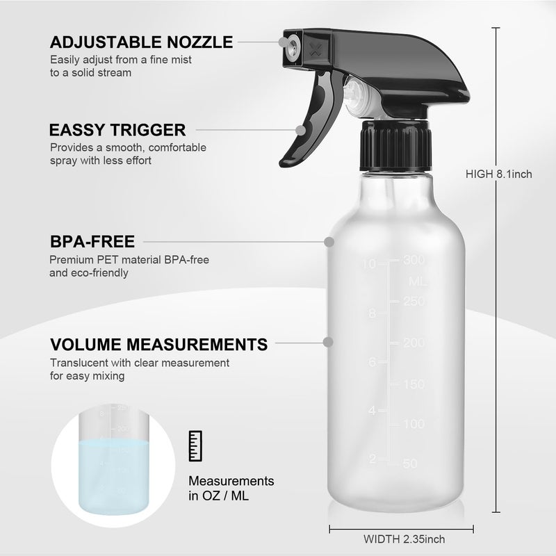 Bealee Spray Bottles 2 Pack, 10 Oz, Mist & Stream, Heavy Duty Spraying Empty Water Sprayer Bottle, BPA Free Plastic Refillable Containers for Cleaning Solutions, Planting, Hair with Measurement - Image 5
