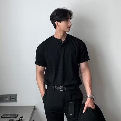 American Retro Heavy Short-sleeved T-shirt Mens Polo Shirt Mature and Steady Fitness Tension Wear Tough Guy Henry Shirt White - Image 5