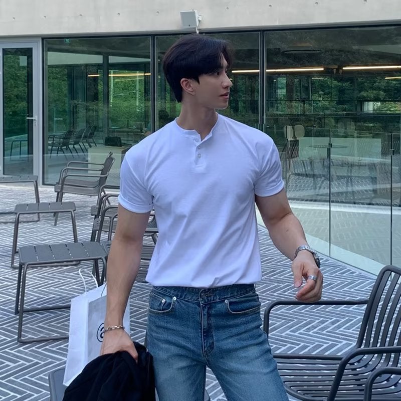 American Retro Heavy Short-sleeved T-shirt Mens Polo Shirt Mature and Steady Fitness Tension Wear Tough Guy Henry Shirt White - Image 1