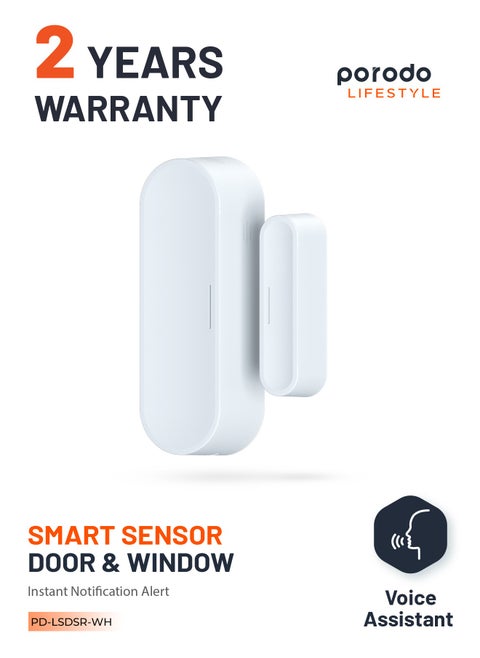 Smart Door & Window Sensor With 45 Meters Range, 3500  Battery Life Times Per Year, Voice Assistant, Instant Notification Alert Compatible for Google Assistant /Tuya App - White