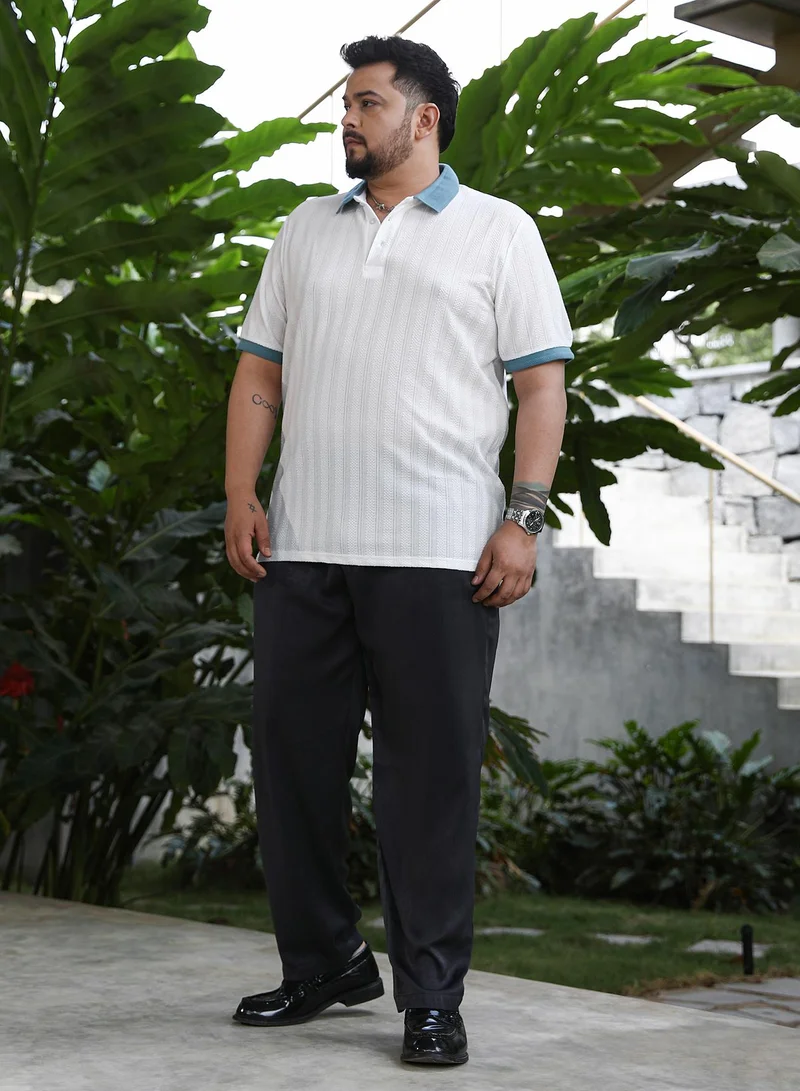 Instafab Plus Instafab Plus Men's White & Blue Contrast Texture Polo T-Shirt For Casual Wear | Polo Neck | Short Sleeves | Half-Button Closure | Plus Size T-Shirt Crafted With Comfort Fit For Everyday Wear