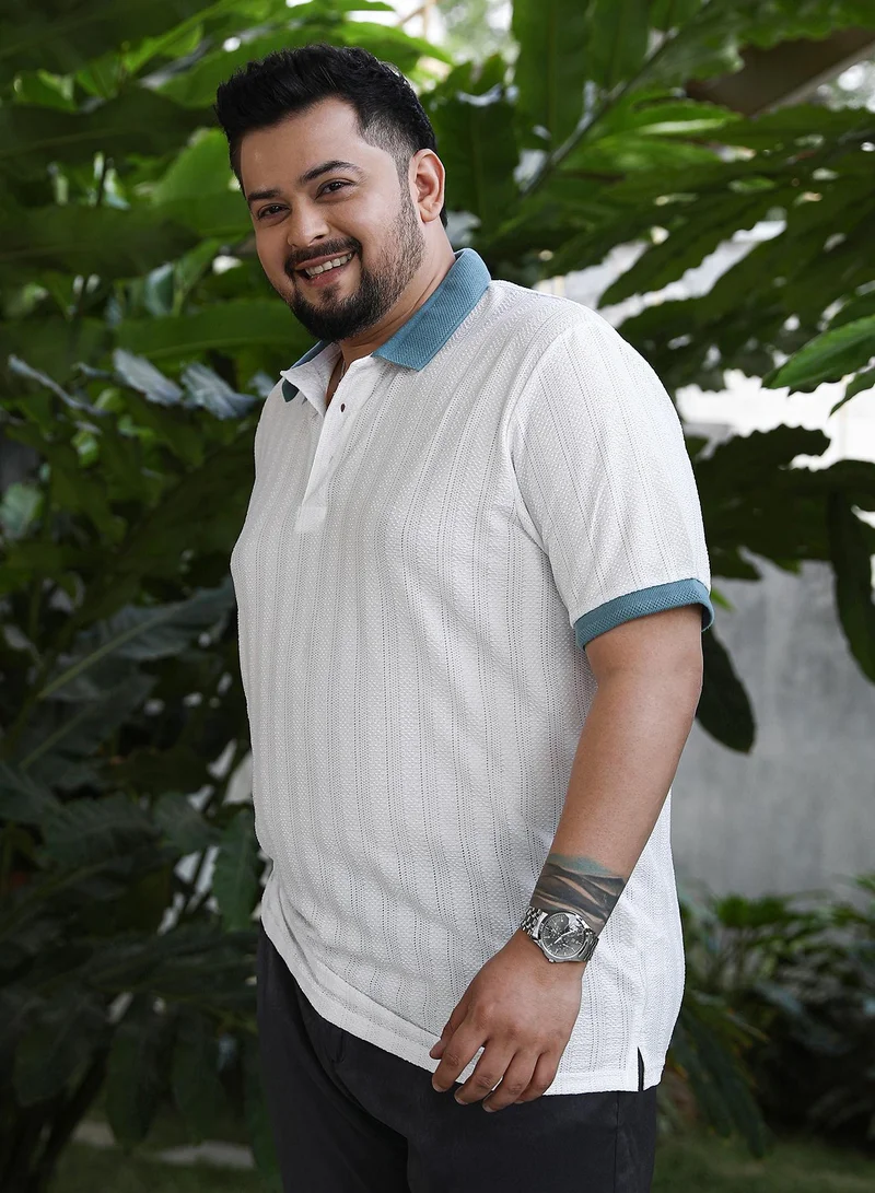 Instafab Plus Instafab Plus Men's White & Blue Contrast Texture Polo T-Shirt For Casual Wear | Polo Neck | Short Sleeves | Half-Button Closure | Plus Size T-Shirt Crafted With Comfort Fit For Everyday Wear