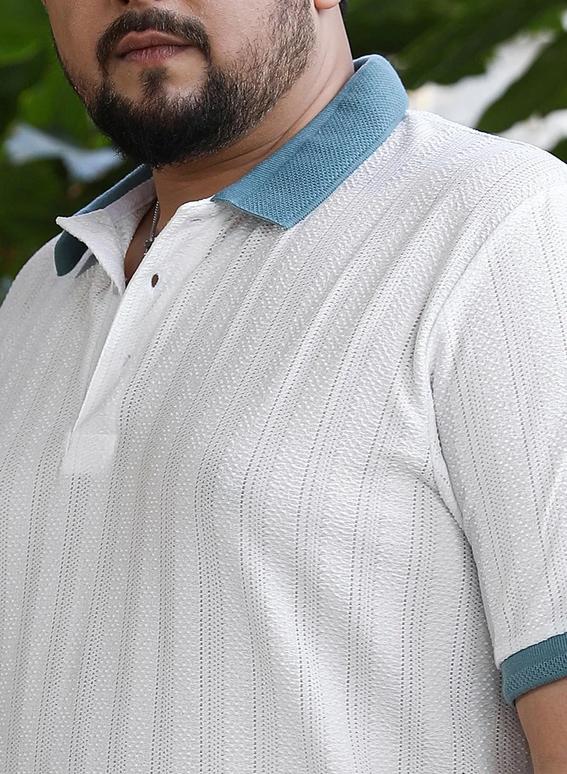 Instafab Plus Instafab Plus Men's White & Blue Contrast Texture Polo T-Shirt For Casual Wear | Polo Neck | Short Sleeves | Half-Button Closure | Plus Size T-Shirt Crafted With Comfort Fit For Everyday Wear