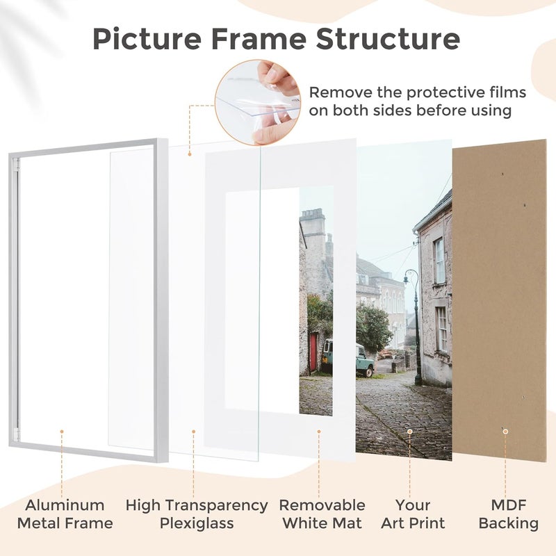 FLYJOE 8x10 Picture Frame - Metal Frame With Mat 5x7 | 8 x 10 Aluminum Photo Frame | Plexiglass And Hanging Hardware Included | Black 8x10 Picture Frame | Silver - Image 5