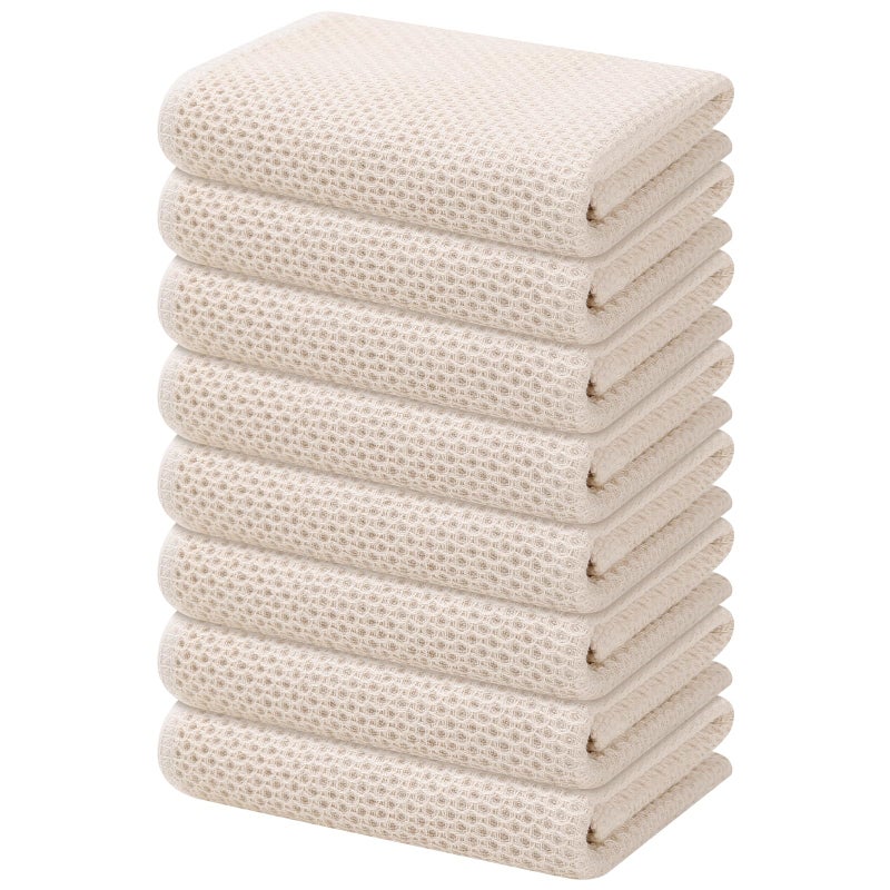 Kitinjoy 100% Cotton Waffle Weave Kitchen Towels  8-Pack Super Soft and Absorbent Kitchen Dish Towels for Drying Dishes  Kitchen Hand Towels  13 in x 28 in  Beige - Image 1