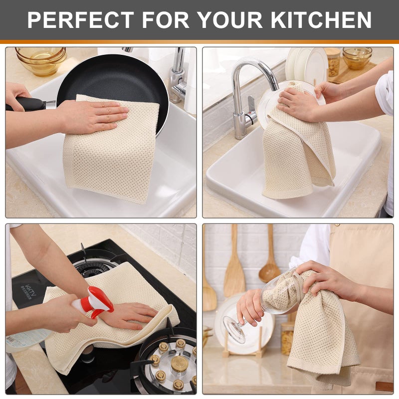 Kitinjoy 100% Cotton Waffle Weave Kitchen Towels  8-Pack Super Soft and Absorbent Kitchen Dish Towels for Drying Dishes  Kitchen Hand Towels  13 in x 28 in  Beige - Image 4