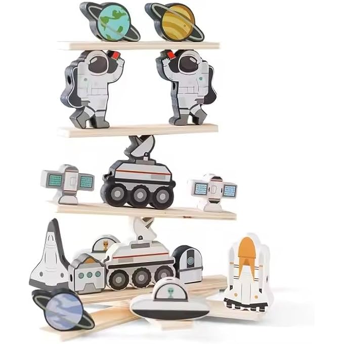 MONTESSORI SPACE STACKING & THREADING SET | 2-IN-1 WOODEN SENSORY ACTIVITY FOR TODDLERS 12+ MONTHS | STEM LEARNING FINE MOTOR GAME WITH CARRY BAG | ECO-FRIENDLY MONTESSORI TRAVEL TOY - Image 1