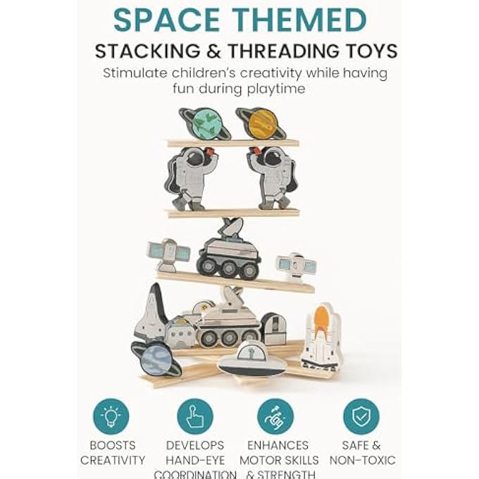 MONTESSORI SPACE STACKING & THREADING SET | 2-IN-1 WOODEN SENSORY ACTIVITY FOR TODDLERS 12+ MONTHS | STEM LEARNING FINE MOTOR GAME WITH CARRY BAG | ECO-FRIENDLY MONTESSORI TRAVEL TOY - Image 5
