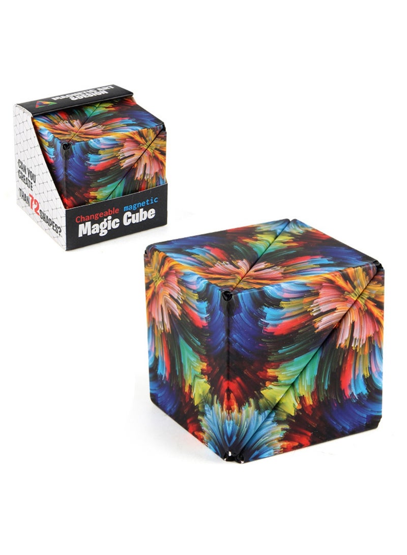Geometric Three-Dimensional Magnetic Wooden Magic Cube Toy 3d Magnetic Building Blocks Decompression Infinite Flip (Pattern Cube) - Image 1