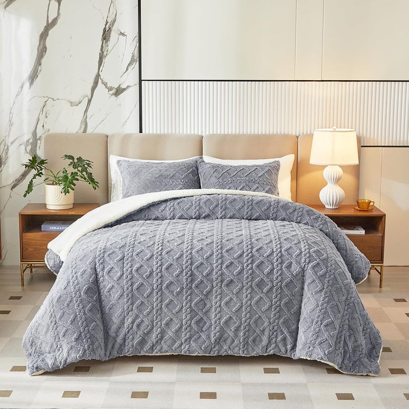 Joyreap 3-Piece Fluffy Faux Fur Sherpa Comforter Set Light Gray, Twin Size Luxury Tufted Bedding Comforter Set, All Season Soft n Cozy Plush Comforter Bed Set- 68x86 inches - Image 3