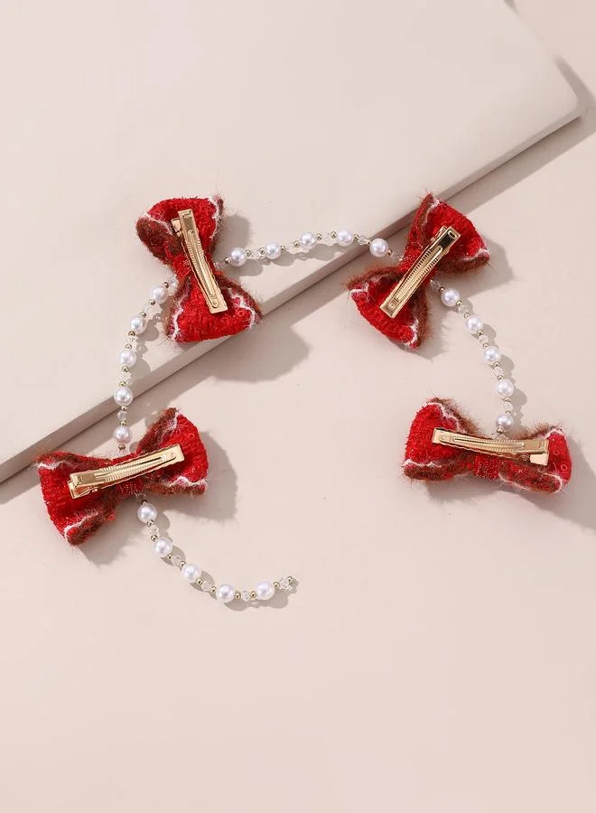 Take Two Girls Red With Pearls and Beads Chain Bow Hair Clip