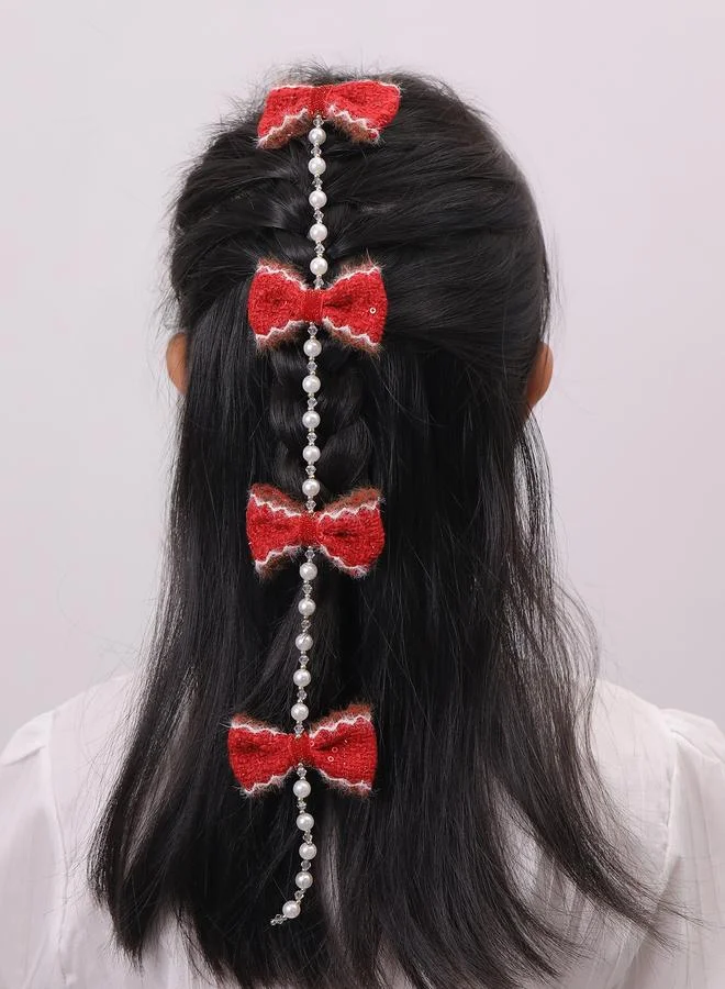 Take Two Girls Red With Pearls and Beads Chain Bow Hair Clip