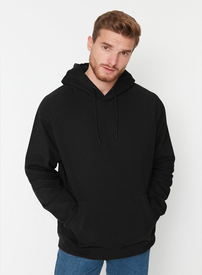 trendyol Black Basic Oversize/Wide Cut Hooded Sweatshirt with Fleece Inside - Image 2