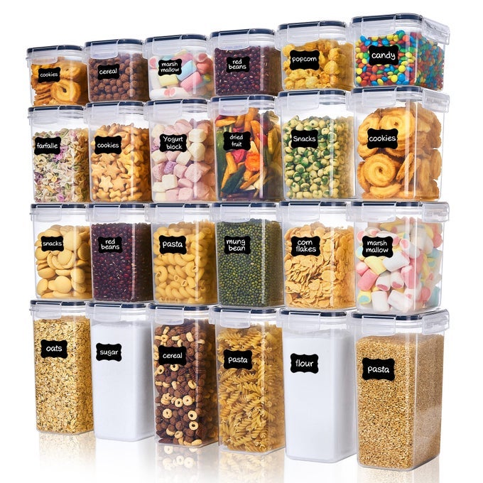 SET OF 24 AIRTIGHT FOOD STORAGE CONTAINERS KITCHEN STORAGE CONTAINERS BPAFREE PLASTIC CONTAINERS FOR FLOUR SUGAR AND BAKING SUPPLIES WITH 24 LABELS BLACK