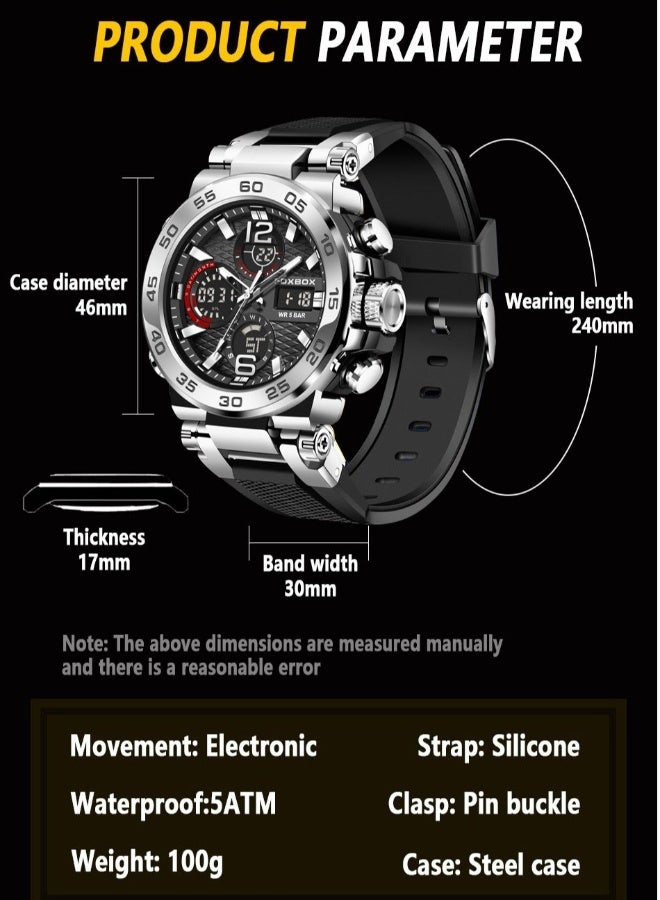 FOXBOX Men's Luxury Analog-Digital Wristwatches Waterproof Sport Quartz Watches for Men Silver with Exquisite Box - Image 2